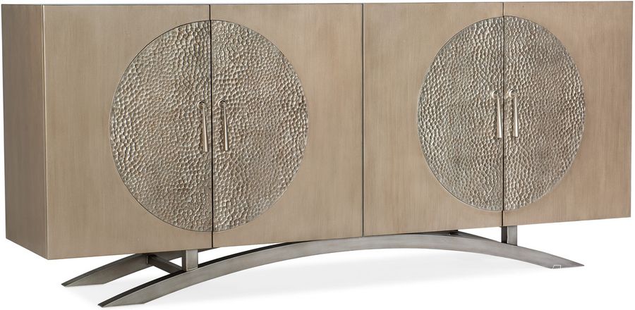 The appearance of Melange Nolita Four Door Entertainment Console In Champagne designed by Hooker in the transitional interior design. This champagne piece of furniture  was selected by 1StopBedrooms from Melange Collection to add a touch of cosiness and style into your home. Sku: 628-55034-15. Product Type: Entertainment Console. Material: Resin. Image1