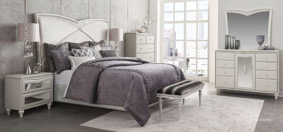The appearance of Melrose Dove Upholstered Platform Bedroom Set designed by AICO in the transitional interior design. This gray piece of furniture  was selected by 1StopBedrooms from Melrose Collection to add a touch of cosiness and style into your home. Sku: 9000238-00;9019012R-118;9019040-118;9019132-118. Bed Type: Panel Bed. Material: Wood. Product Type: Panel Bed. Image1