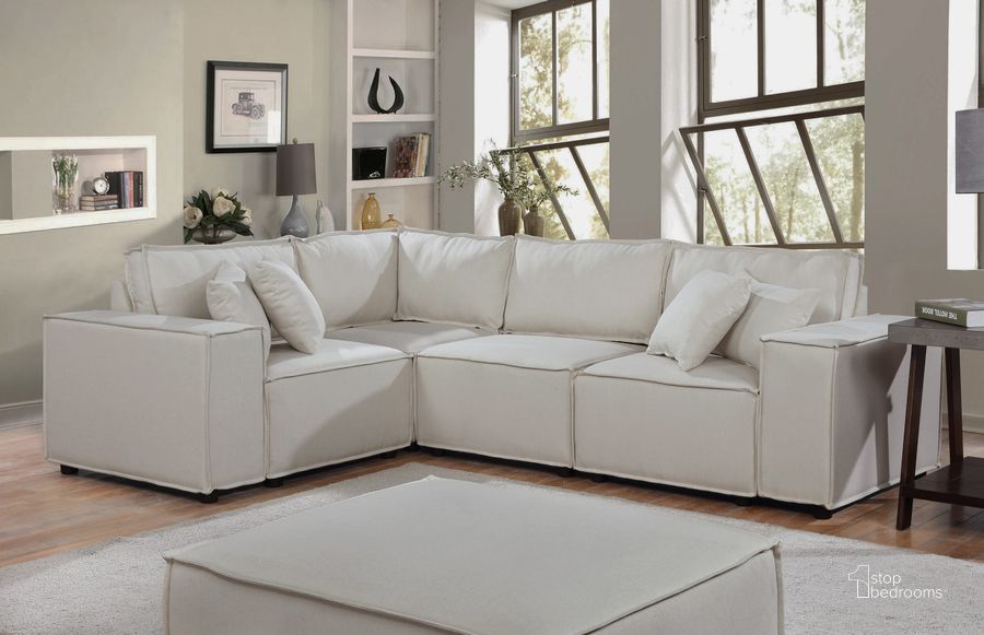 The appearance of Melrose Modular Sectional Sofa With Ottoman In Beige Linen designed by Lilola Home in the modern / contemporary interior design. This beige piece of furniture  was selected by 1StopBedrooms from Melrose Collection to add a touch of cosiness and style into your home. Sku: 89116-4. Material: Wood. Product Type: Sectional. Layout: L-Shape. Image1