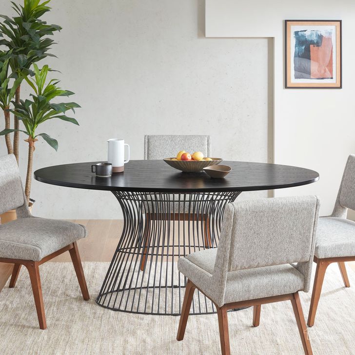 The appearance of Mercer Oval Dining Table In Black designed by Olliix in the transitional interior design. This black piece of furniture  was selected by 1StopBedrooms from Mercer Collection to add a touch of cosiness and style into your home. Sku: II121-0417. Table Base Style: Pedestal. Table Top Shape: Oval. Product Type: Dining Table. Material: MDF. Size: 68". Image1