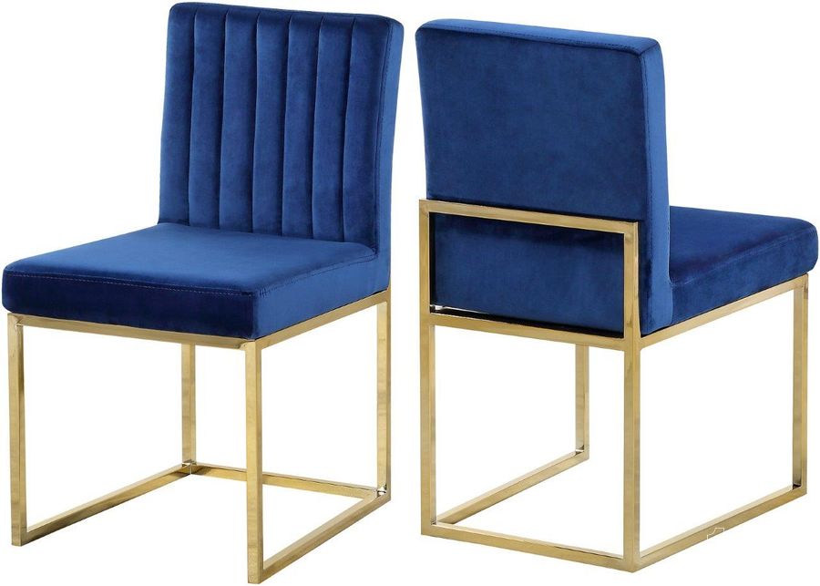 The appearance of Meridian 778NavyC Giselle Series Contemporary Velvet Metal Frame Dining Room Chair Set of 2 designed by Meridian in the modern / contemporary interior design. This navy velvet piece of furniture  was selected by 1StopBedrooms from Giselle Collection to add a touch of cosiness and style into your home. Sku: 778Navy-C. Material: Metal. Product Type: Dining Chair. Image1