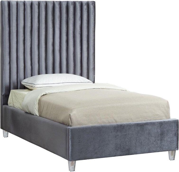 The appearance of Meridian CandaceGreyT Candace Series  Twin Size Panel Bed designed by Meridian in the modern / contemporary interior design. This grey velvet piece of furniture  was selected by 1StopBedrooms from Candace Collection to add a touch of cosiness and style into your home. Sku: CandaceGrey-T-1;CandaceGrey-T-2. Bed Type: Platform Bed. Product Type: Platform Bed. Bed Size: Twin. Material: Velvet. Image1