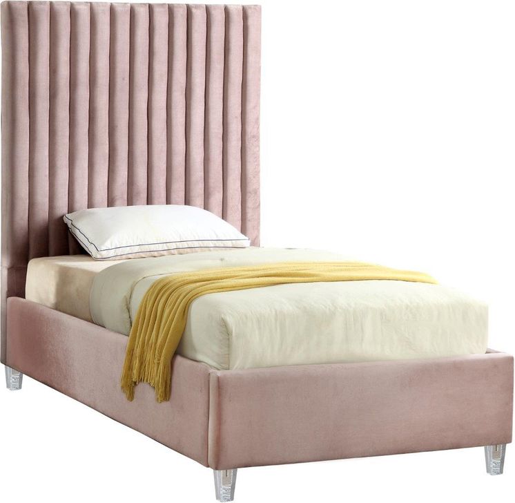 The appearance of Meridian CandacePinkT Candace Series  Twin Size Panel Bed designed by Meridian in the modern / contemporary interior design. This pink velvet piece of furniture  was selected by 1StopBedrooms from Candace Collection to add a touch of cosiness and style into your home. Sku: CandacePink-T-1;CandacePink-T-2. Bed Type: Platform Bed. Product Type: Platform Bed. Bed Size: Twin. Material: Velvet. Image1