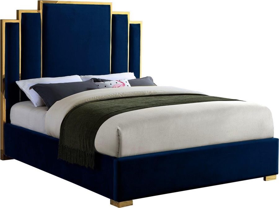 The appearance of Hugo Navy Velvet Queen Bed designed by Meridian in the modern / contemporary interior design. This navy velvet piece of furniture  was selected by 1StopBedrooms from Hugo Collection to add a touch of cosiness and style into your home. Sku: HugoNavy-Q-1;HugoNavy-Q-2. Bed Type: Platform Bed. Product Type: Platform Bed. Bed Size: Queen. Material: Velvet. Image1
