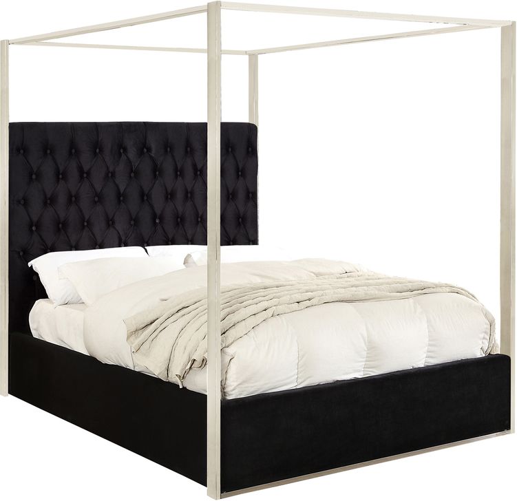 The appearance of Meridian PorterBlackQ Porter Series  Queen Size Canopy Bed designed by Meridian in the modern / contemporary interior design. This black velvet piece of furniture  was selected by 1StopBedrooms from Porter Collection to add a touch of cosiness and style into your home. Sku: PorterBlack-Q-1;PorterBlack-Q-2. Bed Type: Canopy Bed. Product Type: Canopy Bed. Bed Size: Queen. Material: Velvet. Image1
