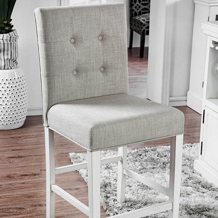The appearance of Mertonwich Antique White Dining Chair Set of 2 designed by Off 5th Home in the transitional interior design. This antique white piece of furniture  was selected by 1StopBedrooms from Mertonwich Collection to add a touch of cosiness and style into your home. Sku: CM3390PC-2PK. Material: Fabric. Product Type: Counter Height Chair. Image1