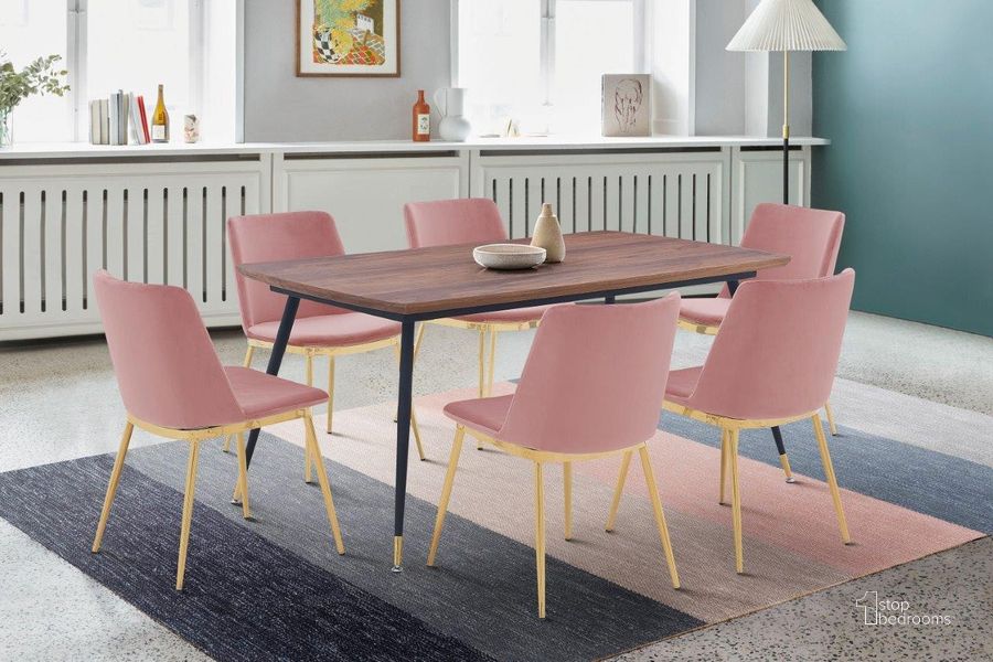 The appearance of Messina Pink Velvet Rectangular Dining Room Set designed by Armen Living in the transitional interior design. This black piece of furniture  was selected by 1StopBedrooms from Messina Collection to add a touch of cosiness and style into your home. Sku: LCMSDIWA;LCMSSIGLPNK. Table Base Style: Legs. Material: Metal. Product Type: Dining Room Set. Table Top Shape: Rectangular. Size: 63". Image1