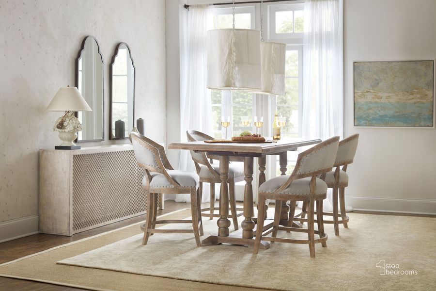 The appearance of Boheme Light Wood Brasserie Extendable Dining Room Set designed by Hooker in the traditional interior design. This brown piece of furniture  was selected by 1StopBedrooms from Boheme Collection to add a touch of cosiness and style into your home. Sku: 5750-75206-MWD;5750-75411-LTWD. Table Base Style: Trestle. Product Type: Dining Room Set. Table Top Shape: Rectangular. Material: Poplar.