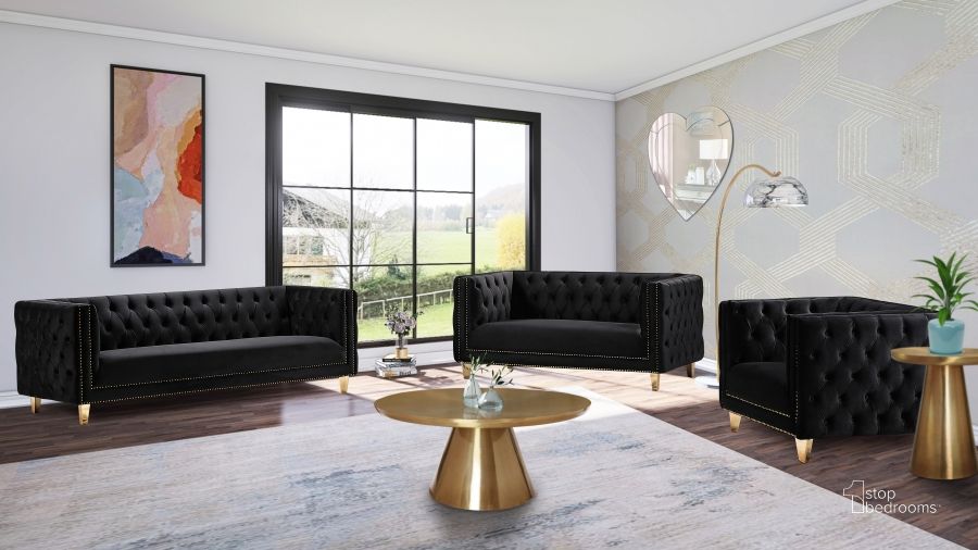 The appearance of Michelle Black Velvet Living Room Set designed by Meridian in the modern / contemporary interior design. This black piece of furniture  was selected by 1StopBedrooms from Michelle Collection to add a touch of cosiness and style into your home. Sku: 652Black-S;652Black-L. Product Type: Living Room Set. Material: Velvet. Image1
