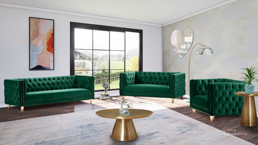 The appearance of Michelle Green Velvet Living Room Set designed by Meridian in the modern / contemporary interior design. This green piece of furniture  was selected by 1StopBedrooms from Michelle Collection to add a touch of cosiness and style into your home. Sku: 652Green-S;652Green-L. Product Type: Living Room Set. Material: Velvet. Image1