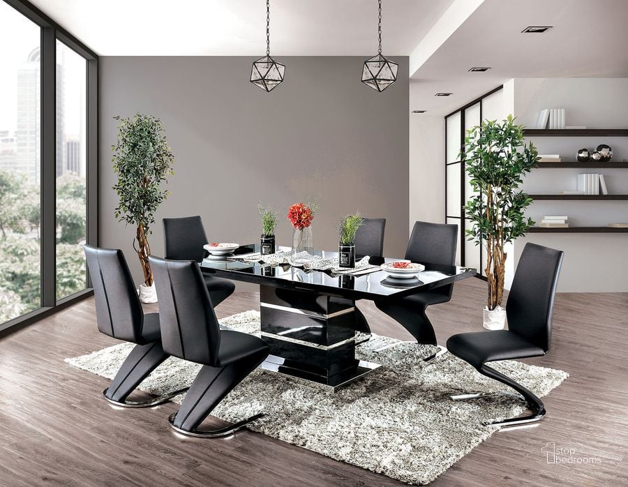 The appearance of Midvale Dining Table In Black and Chrome designed by Furniture of America in the modern / contemporary interior design. This black and chrome piece of furniture  was selected by 1StopBedrooms from Midvale Collection to add a touch of cosiness and style into your home. Sku: CM3650BK-T-1;CM3650BK-T-2. Table Base Style: Pedestal. Material: Leather. Product Type: Dining Table. Table Top Shape: Rectangular.