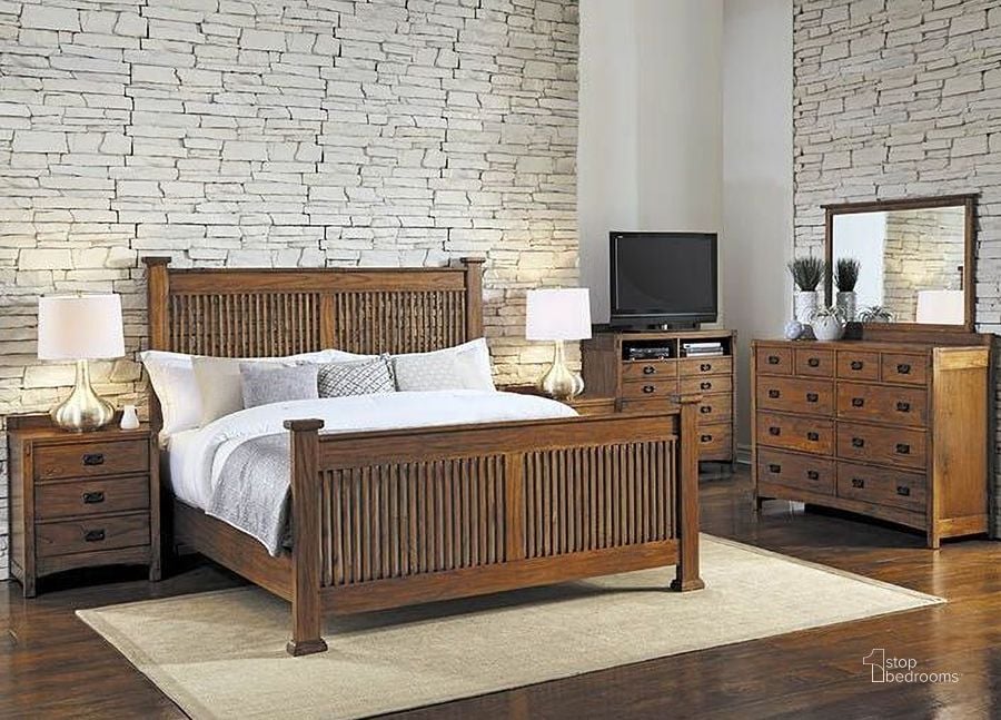 The appearance of Mission Hill Medium Harvest Slat Panel Bedroom Set designed by A-America in the transitional interior design. This brown piece of furniture  was selected by 1StopBedrooms from Mission Hills Collection to add a touch of cosiness and style into your home. Sku: MIHHA504F;MIHHA504H;MIHHA504V;MIHHA5750. Bed Type: Panel Bed. Material: Wood. Product Type: Panel Bed. Bed Size: Queen. Image1