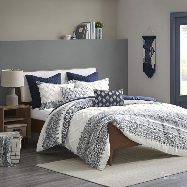 The appearance of Mila Cotton Printed Queen Comforter Set With Chenille In Navy designed by Olliix in the modern / contemporary interior design. This navy piece of furniture  was selected by 1StopBedrooms from Mila Collection to add a touch of cosiness and style into your home. Sku: II10-1061. Material: Polyester. Bed Size: Queen. Product Type: Comforter Set. Image1