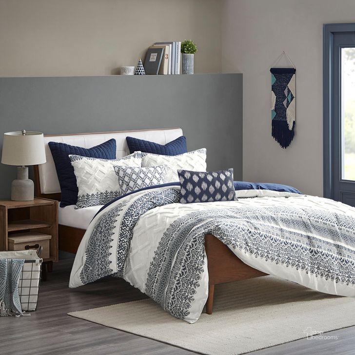 The appearance of Mila Cotton Printed King Comforter Set With Chenille In Navy designed by Olliix in the modern / contemporary interior design. This navy piece of furniture  was selected by 1StopBedrooms from Mila Collection to add a touch of cosiness and style into your home. Sku: II10-1062. Material: Polyester. Bed Size: King. Product Type: Comforter Set. Image1