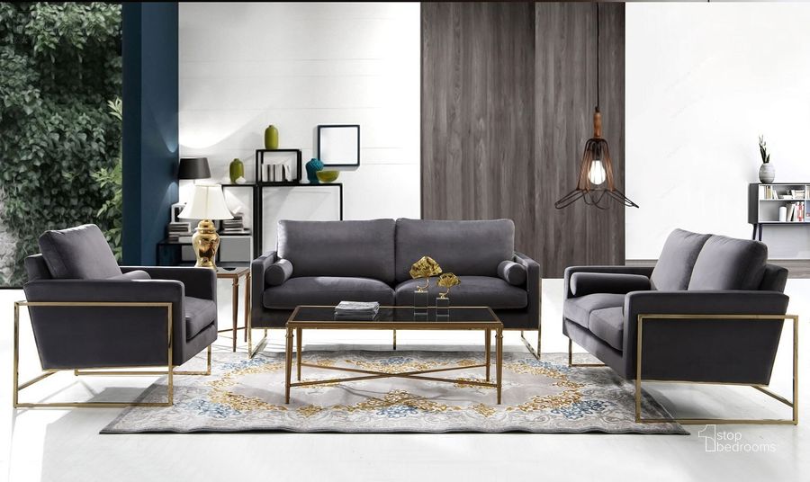 The appearance of Mila Living Room Set (Grey) designed by Meridian in the modern / contemporary interior design. This grey velvet piece of furniture  was selected by 1StopBedrooms from Mila Collection to add a touch of cosiness and style into your home. Sku: 678Grey-S;678Grey-L. Material: Metal. Product Type: Living Room Set. Image1