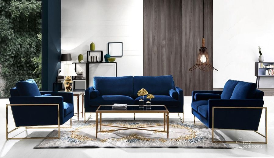 The appearance of Mila Living Room Set (Navy) designed by Meridian in the modern / contemporary interior design. This navy velvet piece of furniture  was selected by 1StopBedrooms from Mila Collection to add a touch of cosiness and style into your home. Sku: 678Navy-S;678Navy-L. Material: Metal. Product Type: Living Room Set. Image1