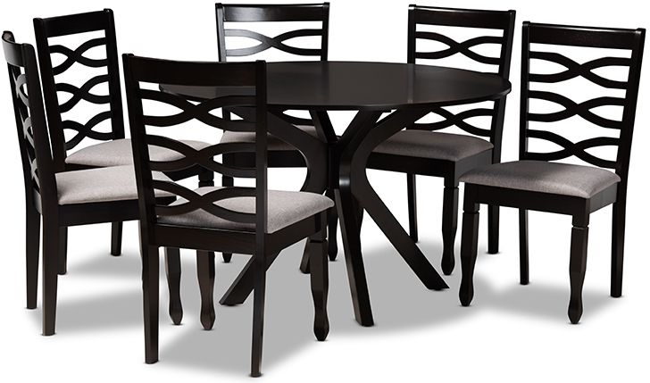 The appearance of Mila Modern and Contemporary Grey Fabric Upholstered and Dark Brown Finished Wood 7-Piece Dining Set designed by Baxton Studio in the modern / contemporary interior design. This grey and dark brown piece of furniture  was selected by 1StopBedrooms from Mila Collection to add a touch of cosiness and style into your home. Sku: Mila-Grey/Dark Brown-7PC Dining Set. Product Type: Dining Room Set. Material: MDF. Image1