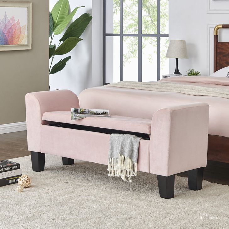 The appearance of Mila Pink Velvet Ottoman Bench With Storage designed by Lilola Home in the modern / contemporary interior design. This pink piece of furniture  was selected by 1StopBedrooms from Mila Collection to add a touch of cosiness and style into your home. Sku: 88871. Material: Wood. Product Type: Bench. Image1
