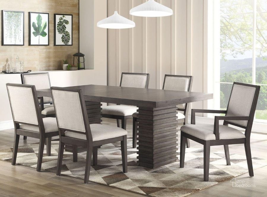 The appearance of Mila Washed Gray Extendable Dining Room Set designed by Steve Silver in the transitional interior design. This brown piece of furniture  was selected by 1StopBedrooms from Mila Collection to add a touch of cosiness and style into your home. Sku: MI500TB;MI500TT;MI500S. Table Base Style: Double Pedestal. Product Type: Dining Room Set. Table Top Shape: Rectangular. Material: Rubberwood. Image1