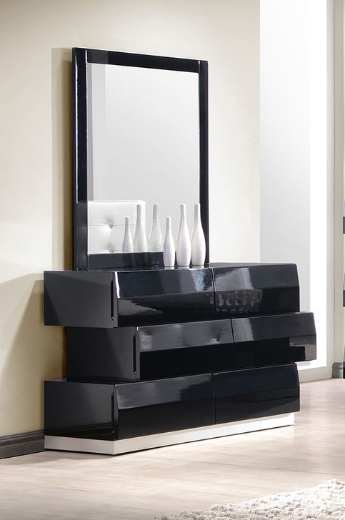 The appearance of Milan Black Lacquer Dresser and Mirror designed by J&M in the modern / contemporary interior design. This black piece of furniture  was selected by 1StopBedrooms from Milan Collection to add a touch of cosiness and style into your home. Sku: 176871-DM. Material: Wood. Product Type: Dresser. Image1