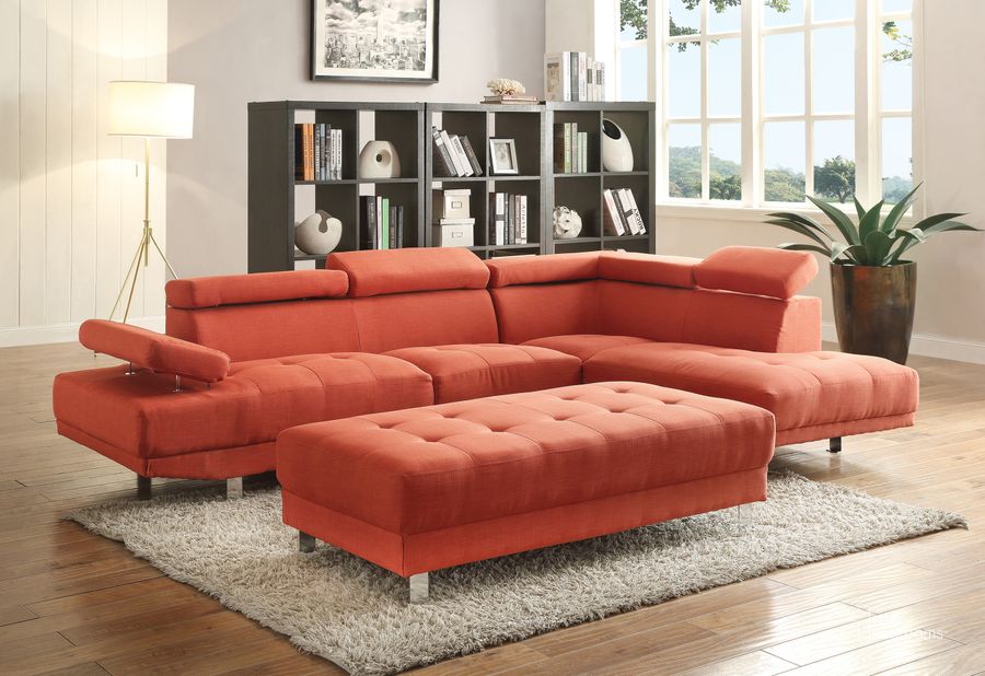 The appearance of Morningside Orange Sectional designed by Furnique in the modern / contemporary interior design. This orange piece of furniture  was selected by 1StopBedrooms from Morningside Collection to add a touch of cosiness and style into your home. Sku: G444-SC-Sectional  Sofa Side;G444-SC-Sectional Chaise Side. Material: Fabric. Product Type: Sectional. Layout: L-Shape.
