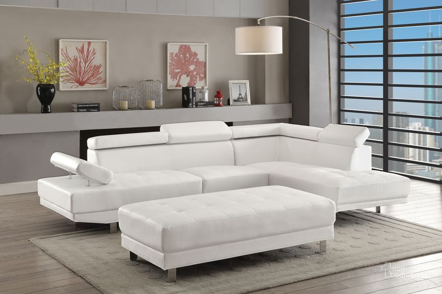 The appearance of Morningside White Sectional designed by Furnique in the modern / contemporary interior design. This white piece of furniture  was selected by 1StopBedrooms from Morningside Collection to add a touch of cosiness and style into your home. Sku: G449-SC-Sectional  Sofa Side;G449-SC-Sectional Chaise Side. Material: Faux Leather. Product Type: Sectional. Layout: L-Shape.