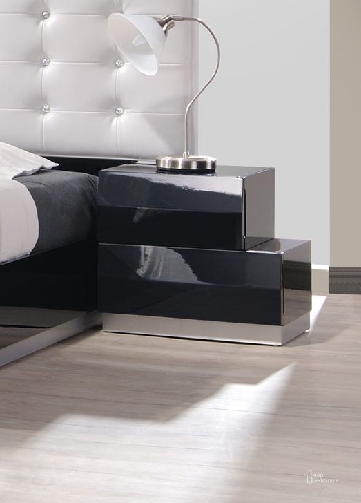 The appearance of Milan Black Lacquer RAF Nightstand designed by J&M in the modern / contemporary interior design. This black piece of furniture  was selected by 1StopBedrooms from Milan Collection to add a touch of cosiness and style into your home. Sku: 176871-NSR. Product Type: Nightstand. Image1