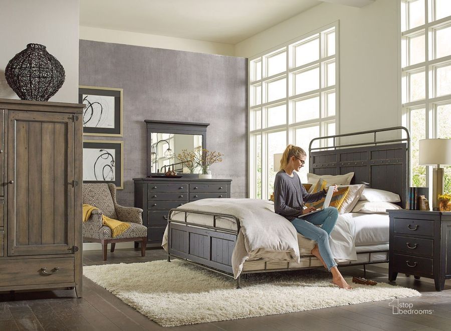 The appearance of Mill House Folsom Metal Bedroom Set (Anvil) designed by Kincaid in the transitional interior design. This black piece of furniture  was selected by 1StopBedrooms from Mill House Collection to add a touch of cosiness and style into your home. Sku: 860-395AP;860-420A. Material: Wood. Bed Size: Queen. Product Type: Slat / Spindle Bed. Bed Type: Slat / Spindle Bed. Image1