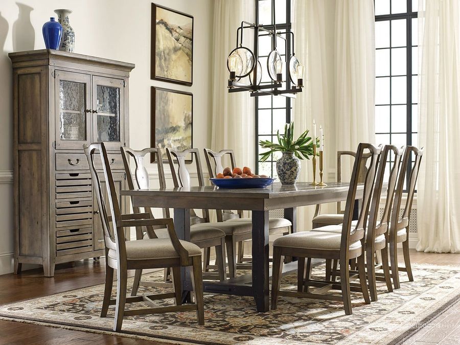 The appearance of Mill House Sigmon Rectangular Dining Room Set designed by Kincaid in the transitional interior design. This barley piece of furniture  was selected by 1StopBedrooms from Mill House Collection to add a touch of cosiness and style into your home. Sku: 860-745;860-636. Table Base Style: Trestle. Material: Wood. Product Type: Dining Room Set. Table Top Shape: Rectangular. Image1