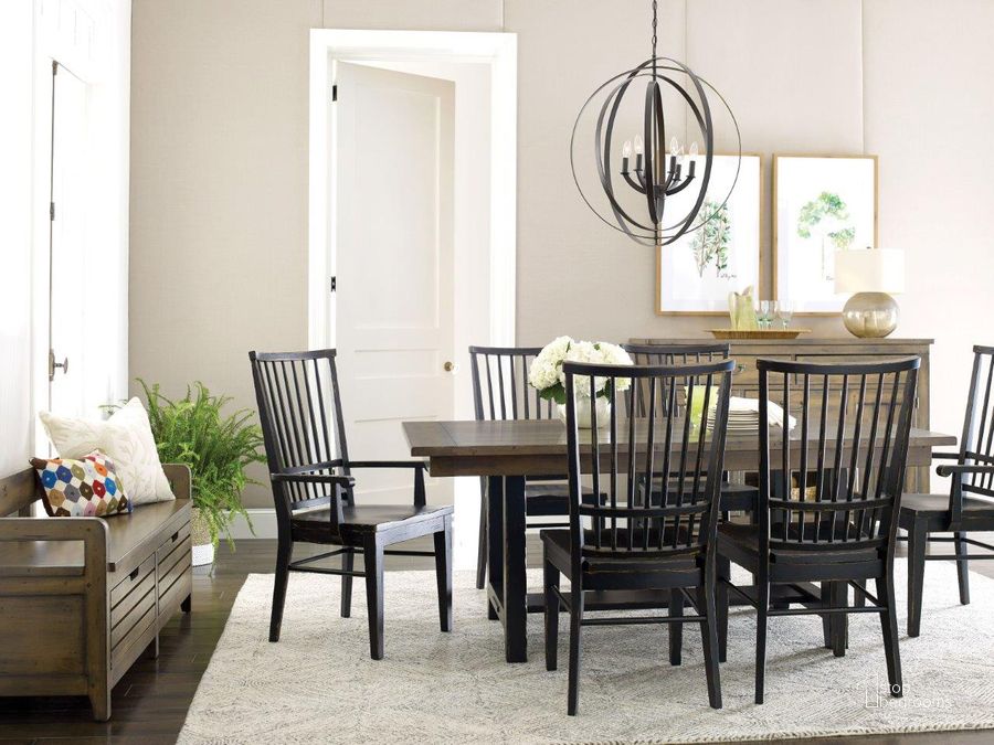 The appearance of Mill House Webb Anvil 74 Inch Trestle Dining Room Set designed by Kincaid in the rustic / southwestern interior design. This black piece of furniture  was selected by 1StopBedrooms from Mill House Collection to add a touch of cosiness and style into your home. Sku: 860-744;860-636. Table Base Style: Trestle. Material: Wood. Product Type: Dining Room Set. Table Top Shape: Rectangular. Image1