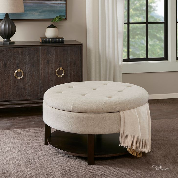 The appearance of Miller Round Storage Ottoman In Cream/Brown designed by Olliix in the traditional interior design. This cream/brown piece of furniture  was selected by 1StopBedrooms from Miller Collection to add a touch of cosiness and style into your home. Sku: MP101-0226. Product Type: Ottoman. Material: MDF. Image1