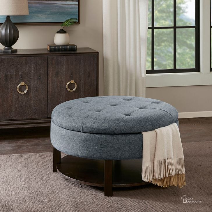The appearance of Miller Round Storage Ottoman In Denim/Morrocco designed by Olliix in the traditional interior design. This denim/morrocco piece of furniture  was selected by 1StopBedrooms from Miller Collection to add a touch of cosiness and style into your home. Sku: MP101-0225. Product Type: Ottoman. Material: MDF. Image1