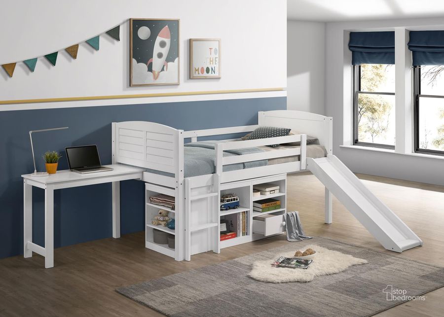 The appearance of Millie Twin Workstation Loft Bed In White designed by Coaster in the transitional interior design. This white piece of furniture  was selected by 1StopBedrooms from Millie Collection to add a touch of cosiness and style into your home. Sku: 400330TB1;400330TB2;400330TB3;400330TB4;400330TB5. Material: Wood. Product Type: Loft Bed. Bed Size: Twin. Bed Type: Loft Bed. Image1