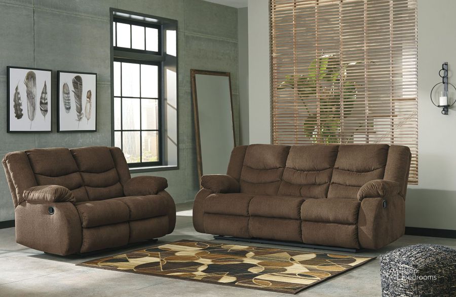 The appearance of Millstream Chocolate Living Room Set designed by Artisan Elegance in the modern / contemporary interior design. This chocolate piece of furniture  was selected by 1StopBedrooms from Millstream Collection to add a touch of cosiness and style into your home. Sku: 9860588;9860586. Material: Fabric. Product Type: Living Room Set. Image1