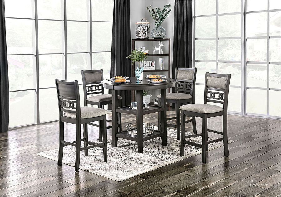 The appearance of Milly Gray 5 Piece Counter Height Dining Table Set designed by Furniture of America in the transitional interior design. This gray piece of furniture  was selected by 1StopBedrooms from Milly Collection to add a touch of cosiness and style into your home. Sku: CM3609PT-5PK. Material: Fabric. Product Type: Dining Room Set. Image1