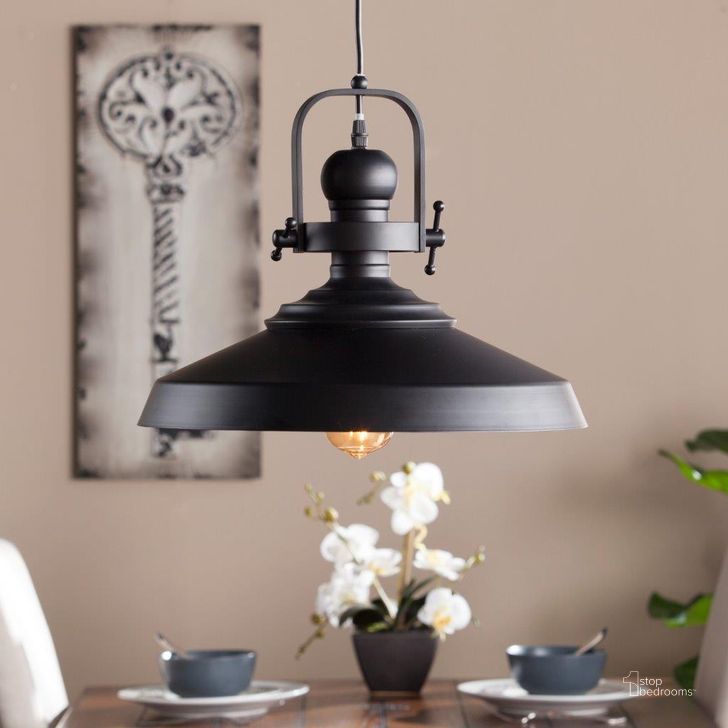 The appearance of Mindel Industrial Bell Pendant Lamp designed by SEI Furniture in the industrial interior design. This matte black piece of furniture  was selected by 1StopBedrooms from Mindel Collection to add a touch of cosiness and style into your home. Sku: LT1807. Material: Steel. Product Type: Pendant Lighting. Image1