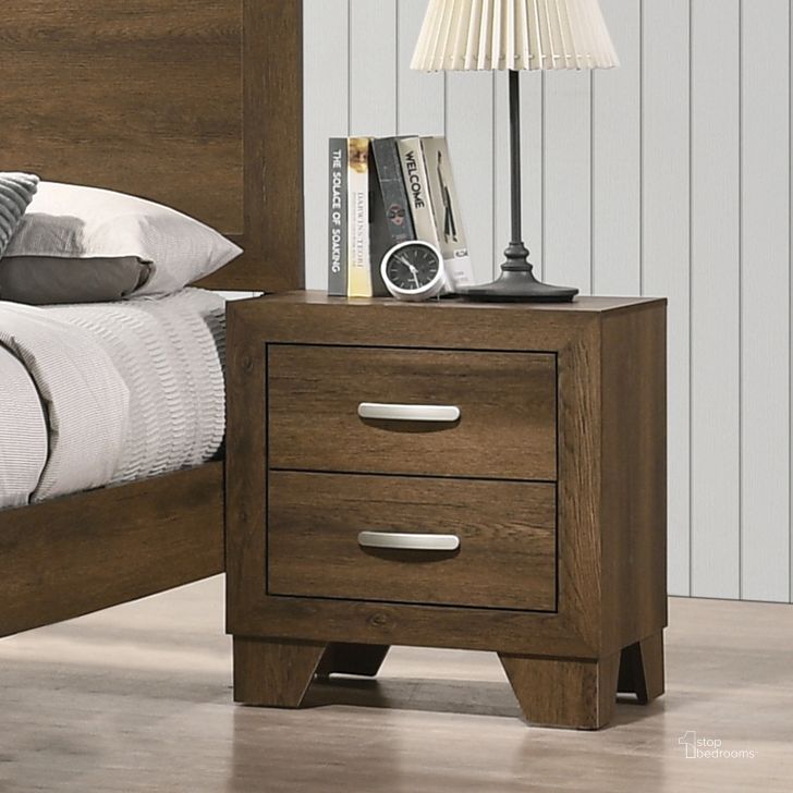 The appearance of Miquell Nightstand (Oak) designed by ACME in the transitional interior design. This oak piece of furniture  was selected by 1StopBedrooms from Miquell Collection to add a touch of cosiness and style into your home. Sku: 28053. Material: Wood. Product Type: Nightstand. Image1