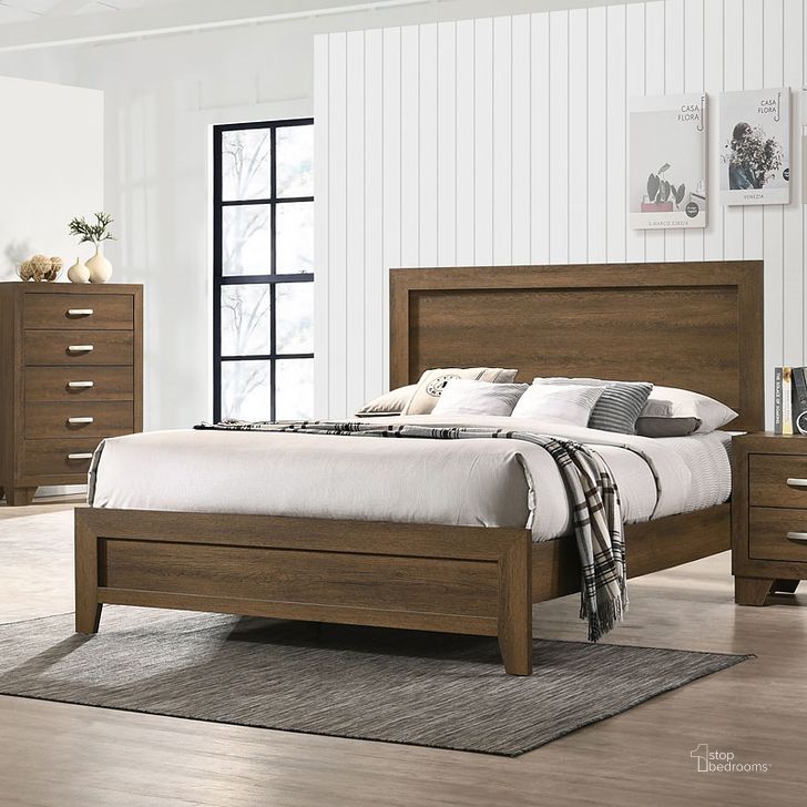 The appearance of Miquell Panel Bed (Oak) (King) designed by ACME in the transitional interior design. This oak piece of furniture  was selected by 1StopBedrooms from Miquell Collection to add a touch of cosiness and style into your home. Sku: 28047EK. Bed Type: Panel Bed. Material: Wood. Product Type: Panel Bed. Bed Size: King. Image1