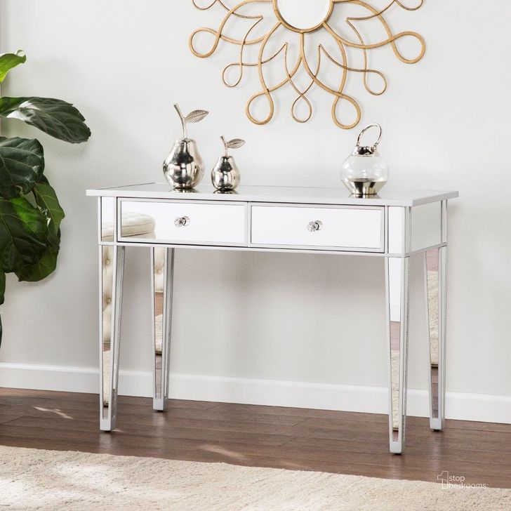 The appearance of Mirage Mirrored 2 Drawer Console Table designed by SEI Furniture in the glam interior design. This silver piece of furniture  was selected by 1StopBedrooms from Mirage Collection to add a touch of cosiness and style into your home. Sku: CM9163. Product Type: Console. Material: MDF. Image1