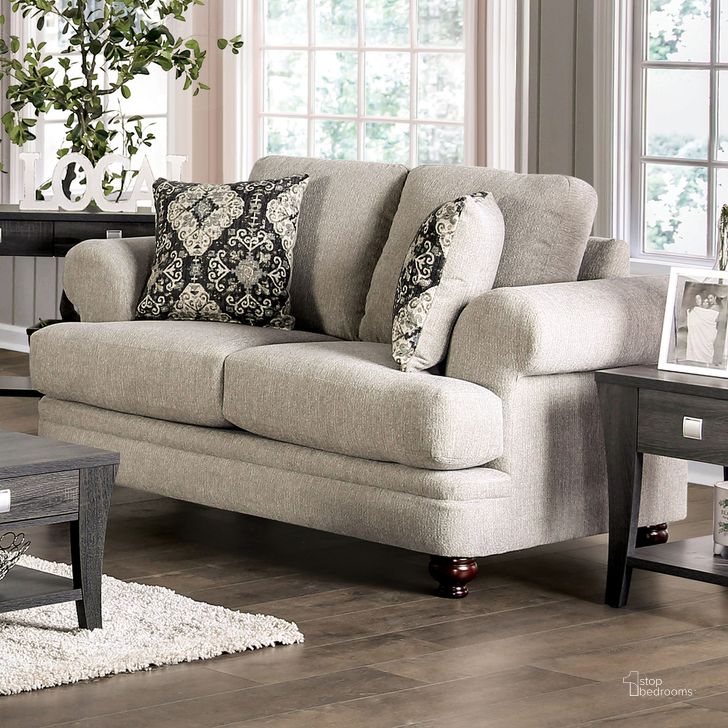 The appearance of Miramar Loveseat In Charcoal and Beige designed by Furniture of America in the transitional interior design. This charcoal and beige piece of furniture  was selected by 1StopBedrooms from Miramar Collection to add a touch of cosiness and style into your home. Sku: SM6442-LV. Product Type: Loveseat. Material: Chenille. Image1