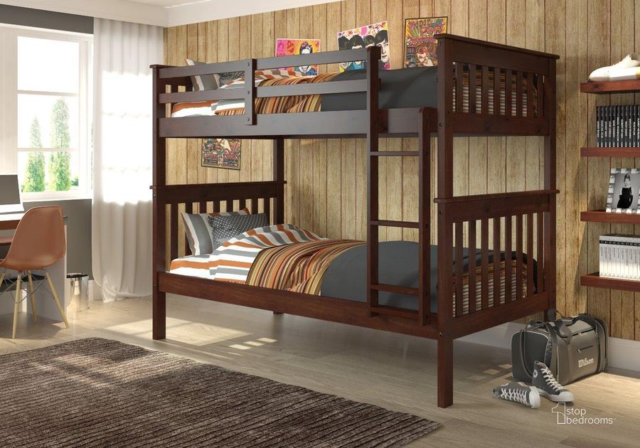 The appearance of Mission Bunkbed Cappuccino designed by DONCO kids in the modern / contemporary interior design. This dark cappuccino piece of furniture  was selected by 1StopBedrooms from  to add a touch of cosiness and style into your home. Sku: 120-3-TTCP. Bed Type: Bunk Bed. Material: Wood. Product Type: Bunk Bed. Bed Size: Twin. Image1