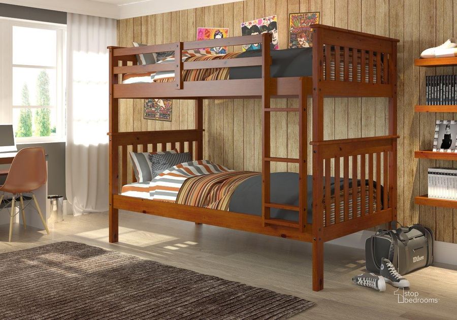 The appearance of Mission Bunkbed Espresso designed by DONCO kids in the modern / contemporary interior design. This light espresso piece of furniture  was selected by 1StopBedrooms from  to add a touch of cosiness and style into your home. Sku: 120-3-TTE. Bed Type: Bunk Bed. Material: Wood. Product Type: Bunk Bed. Bed Size: Twin. Image1