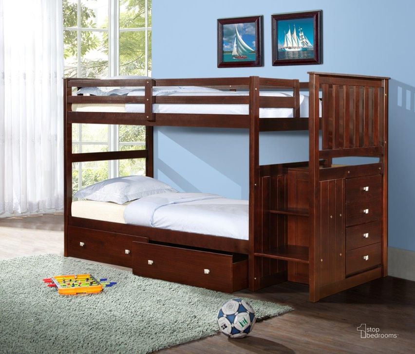 The appearance of Mission Stairway Bunk Bed With Dual Underbed Drawers Dark Cappuccino Finish designed by DONCO kids in the modern / contemporary interior design. This dark cappuccino piece of furniture  was selected by 1StopBedrooms from  to add a touch of cosiness and style into your home. Sku: 820-TTCP_505-CP. Bed Type: Bunk Bed. Material: Wood. Product Type: Bunk Bed.