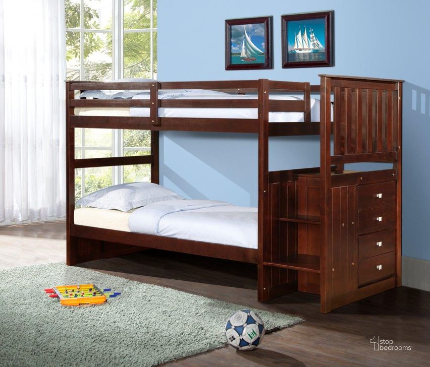 The appearance of Mission Stairway Bunkbed Cappuccino designed by DONCO kids in the modern / contemporary interior design. This dark cappuccino piece of furniture  was selected by 1StopBedrooms from  to add a touch of cosiness and style into your home. Sku: 820-TTCP. Bed Type: Bunk Bed. Material: Wood. Product Type: Bunk Bed. Bed Size: Twin.