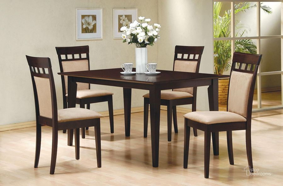 The appearance of Mix and Match Cappuccino Dining Room Set designed by Coaster in the transitional interior design. This brown piece of furniture  was selected by 1StopBedrooms from Mix & Match Collection to add a touch of cosiness and style into your home. Sku: 100771;100772. Table Base Style: Legs. Material: Wood. Product Type: Dining Room Set. Table Top Shape: Rectangular. Image1