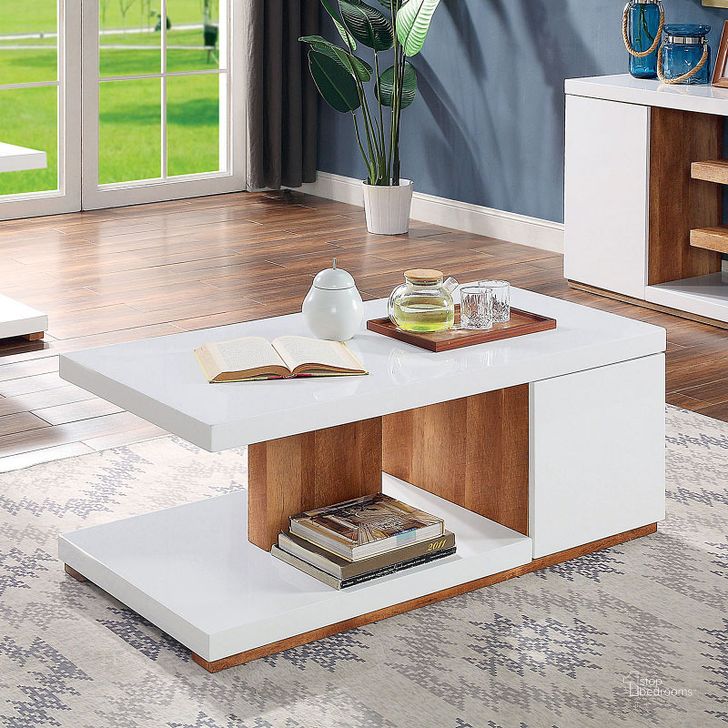 The appearance of Moa White And Natural Tone Coffee Table designed by Furniture of America in the modern / contemporary interior design. This white piece of furniture  was selected by 1StopBedrooms from Moa Collection to add a touch of cosiness and style into your home. Sku: FOA4495C. Material: Wood. Product Type: Coffee Table. Image1