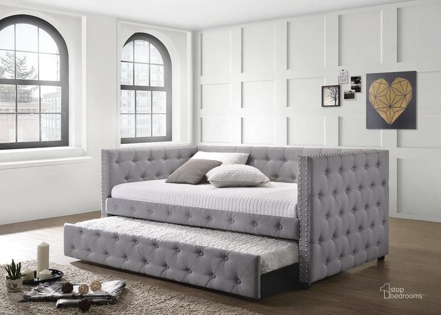 The appearance of Mockern Gray Upholstered Daybed With Trundle designed by Coaster in the transitional interior design. This gray piece of furniture  was selected by 1StopBedrooms from Mockern Collection to add a touch of cosiness and style into your home. Sku: 302161B1;302161B2. Bed Type: Daybed. Material: Wood. Product Type: DayBed. Bed Size: Twin. Image1