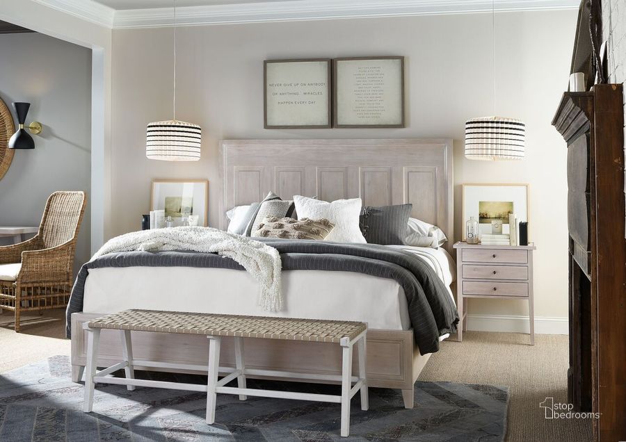 The appearance of Modern Farmhouse Buttermilk Haines Panel Bedroom Set designed by Universal in the transitional interior design. This white piece of furniture  was selected by 1StopBedrooms from Modern Farmhouse Collection to add a touch of cosiness and style into your home. Sku: U011250B;U011351. Product Type: Bedroom Set. Bed Size: Queen. Image1
