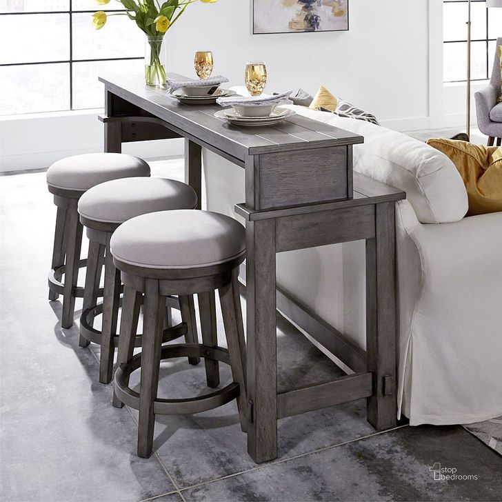 The appearance of Modern Farmhouse Console Bar Table Set (Dusty Charcoal) designed by Liberty in the transitional interior design. This charcoal piece of furniture  was selected by 1StopBedrooms from Modern Farmhouse Collection to add a touch of cosiness and style into your home. Sku: 406-OT7837;406-OT9003. Material: Wood. Product Type: Bistro and Bar Table Set. Image1