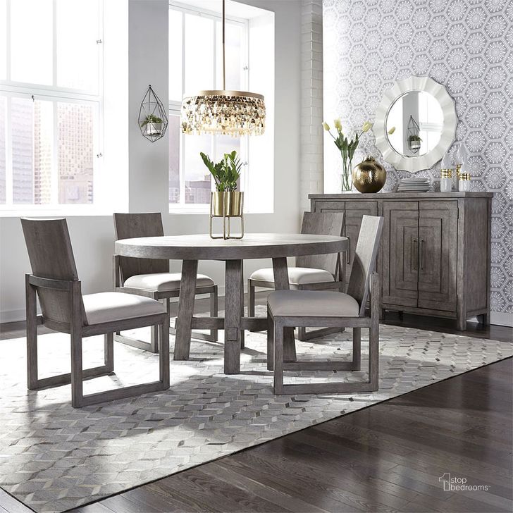 The appearance of Modern Farmhouse Round Dining Room Set designed by Liberty in the transitional interior design. This charcoal piece of furniture  was selected by 1StopBedrooms from Modern Farmhouse Collection to add a touch of cosiness and style into your home. Sku: 406-P4860;406-T4860;406-C2001S. Table Base Style: Trestle. Table Top Shape: Round. Material: Wood. Product Type: Dining Room Set. Size: 60". Image1